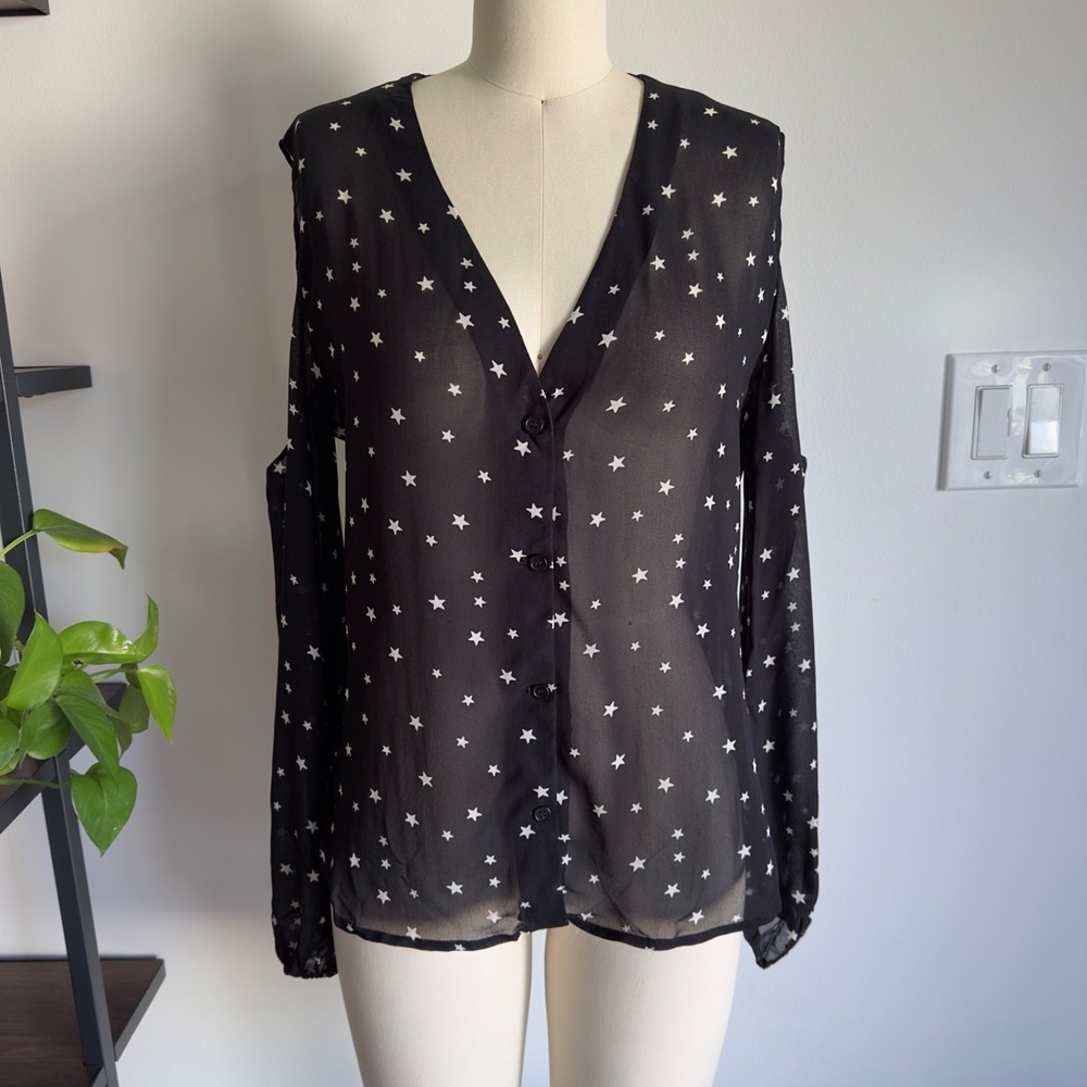Reformation Cold Shoulder Sheer Blouse Button Down-Black Star Pattern-Small/Med